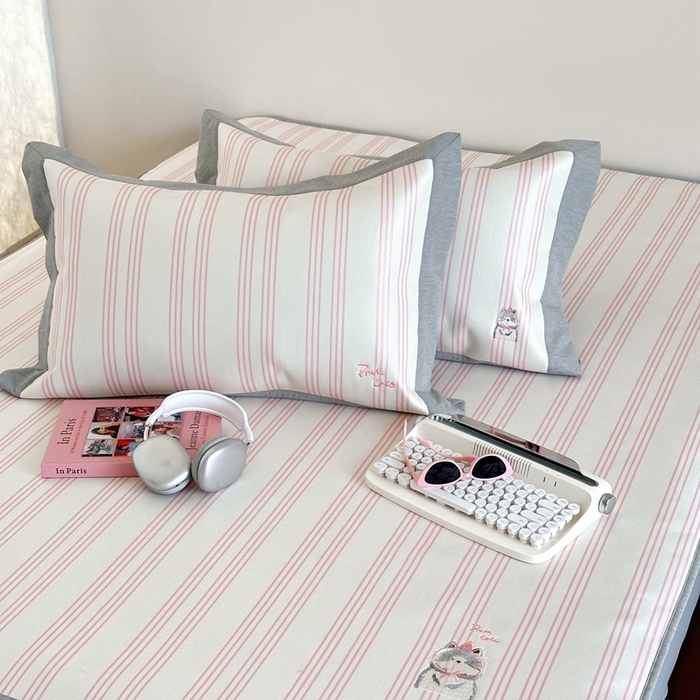 91家纺网 家纺一手货源 找家纺 时年家纺 2024新款条纹刺绣冰丝凉席--床笠款 床笠款-礼物喵