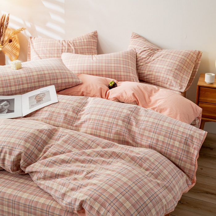 91家纺网 家纺一手货源 找家纺 九沐良品 新款A类色织水洗棉四件套 凯利咖