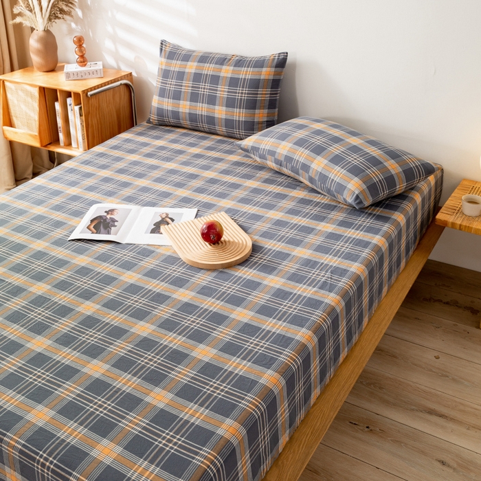 91家纺网 家纺一手货源 找家纺 萌飞 2024新款A类色织水洗棉床笠 灰桔格