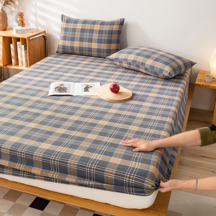 91家纺网 家纺一手货源 找家纺 萌飞 2024新款A类色织水洗棉床笠 灰桔格