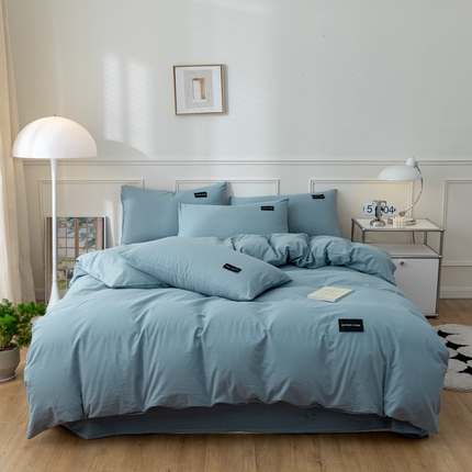 九沐良品 新款纯色双拼四件套 简悠-浅蓝灰
