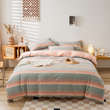 九沐良品 新款A类色织水洗棉四件套 嫩绿卡其条