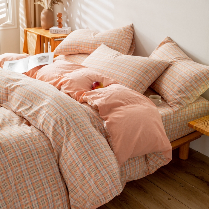 91家纺网 家纺一手货源 找家纺 九沐良品 新款A类色织水洗棉四件套 凯利桔