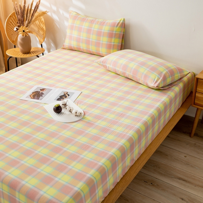 91家纺网 家纺一手货源 找家纺 萌飞 2024新款A类色织水洗棉床笠 弗暖粉黄