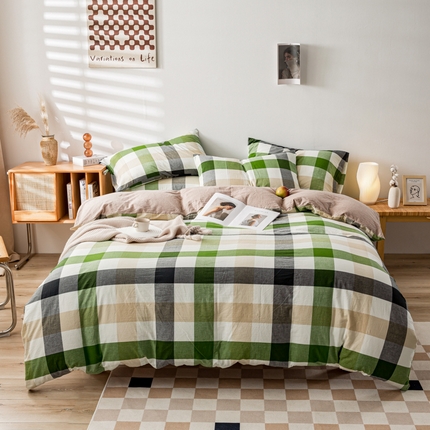 九沐良品 新款A类色织水洗棉四件套 海青鲜绿格