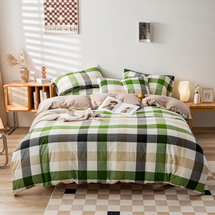 91家纺网 家纺一手货源 找家纺 九沐良品 新款A类色织水洗棉四件套 海青鲜绿格