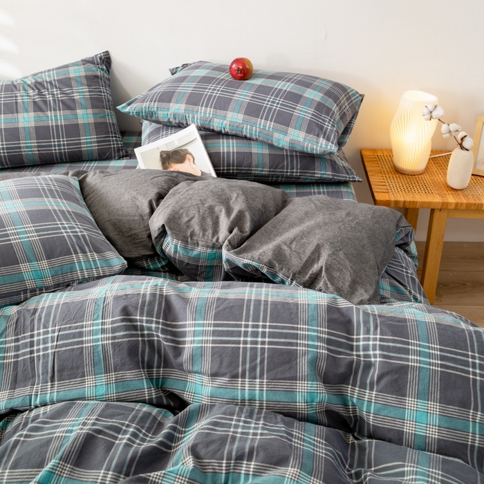 91家纺网 家纺一手货源 找家纺 九沐良品 新款A类色织水洗棉四件套 灰绿格