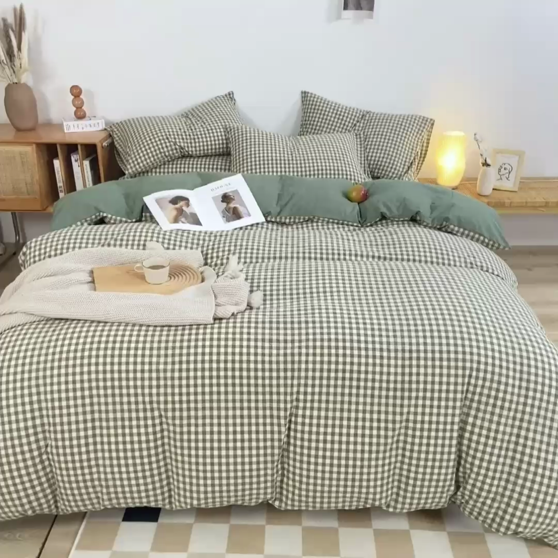 91家纺网 家纺一手货源 找家纺 九沐良品 新款A类色织水洗棉四件套 绿小格