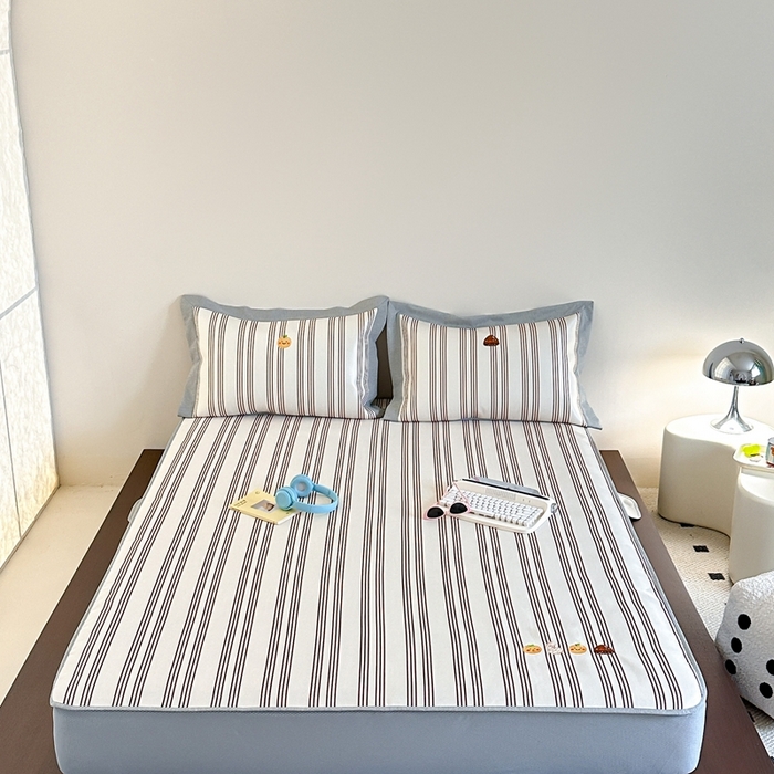 91家纺网 家纺一手货源 找家纺 时年家纺 2024新款条纹刺绣冰丝凉席--床笠款 床笠款-好事花生