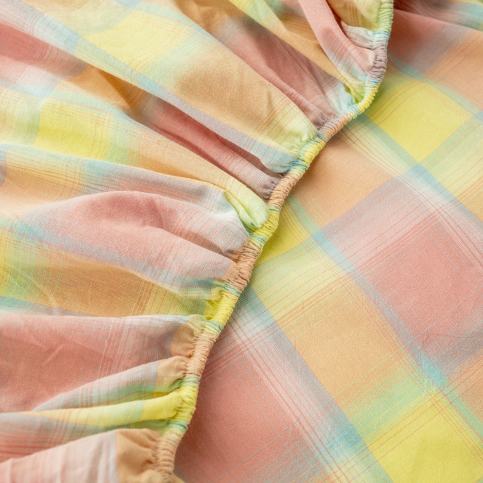 91家纺网 家纺一手货源 找家纺 萌飞 2024新款A类色织水洗棉床笠 弗暖粉黄