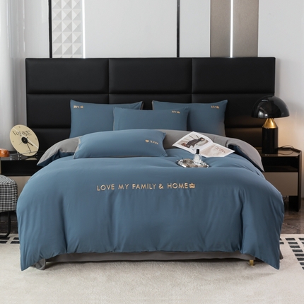 91家纺网 家纺一手货源 找家纺 金牛枕芯 2024新款磨毛刺绣四件套 宝石蓝