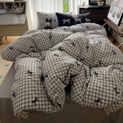 桃喜 2024新款Ins风全棉混搭系列四件套 蝴蝶结灰