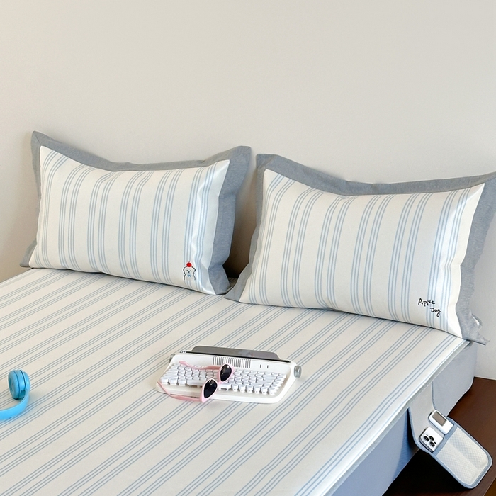 91家纺网 家纺一手货源 找家纺 时年家纺 2024新款条纹刺绣冰丝凉席--床笠款 床笠款-幸运汪