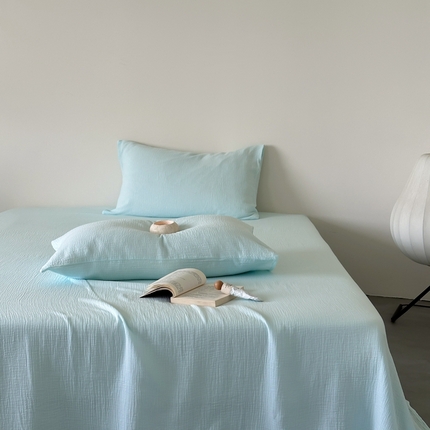 91家纺网 家纺一手货源 找家纺 山舍家居 2024新款纯色全棉双层皱皱纱单品系列--单床单 星蓝