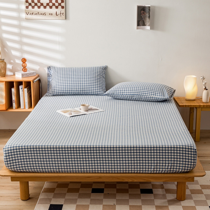 91家纺网 家纺一手货源 找家纺 萌飞 2024新款A类色织水洗棉床笠 浅蓝小格