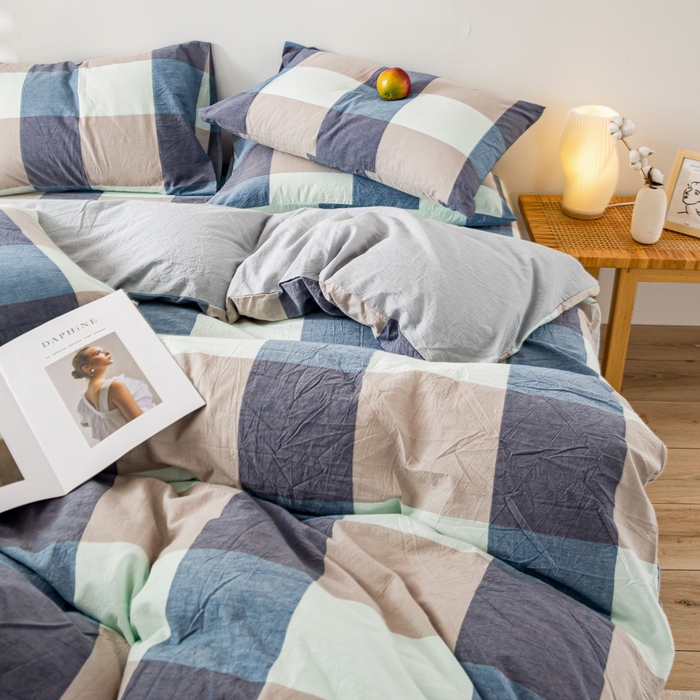 91家纺网 家纺一手货源 找家纺 九沐良品 新款A类色织水洗棉四件套 米棕丈青格