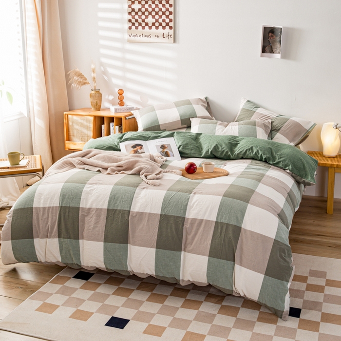 91家纺网 家纺一手货源 找家纺 九沐良品 新款A类色织水洗棉四件套 绿大格