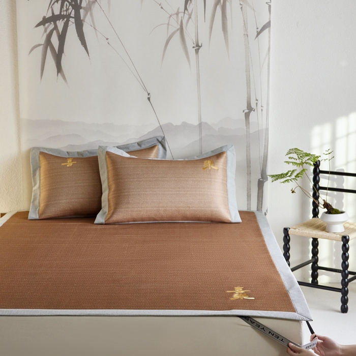 91家纺网 家纺一手货源 找家纺 时年家纺 2024新款喜乐刺绣冰藤席 喜乐咖