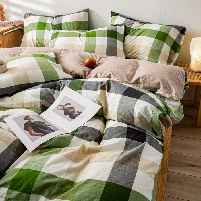 91家纺网 家纺一手货源 找家纺 九沐良品 新款A类色织水洗棉四件套 海青鲜绿格