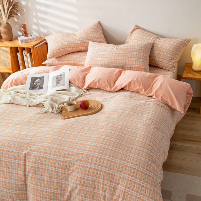 91家纺网 家纺一手货源 找家纺 九沐良品 新款A类色织水洗棉四件套 凯利桔