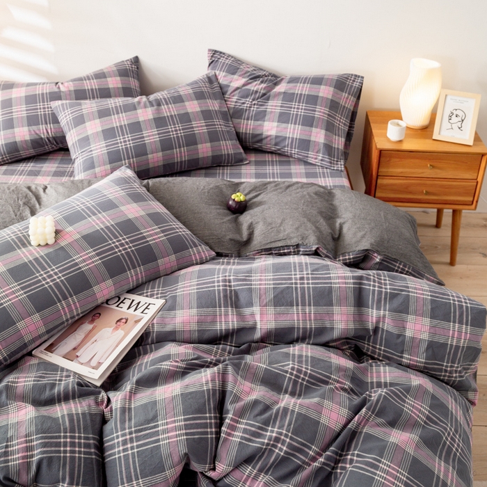 91家纺网 家纺一手货源 找家纺 九沐良品 新款A类色织水洗棉四件套 灰粉格