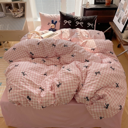 桃喜 2024新款Ins风全棉混搭系列四件套 蝴蝶结粉