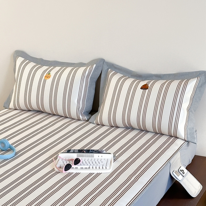 91家纺网 家纺一手货源 找家纺 时年家纺 2024新款条纹刺绣冰丝凉席--床笠款 床笠款-好事花生