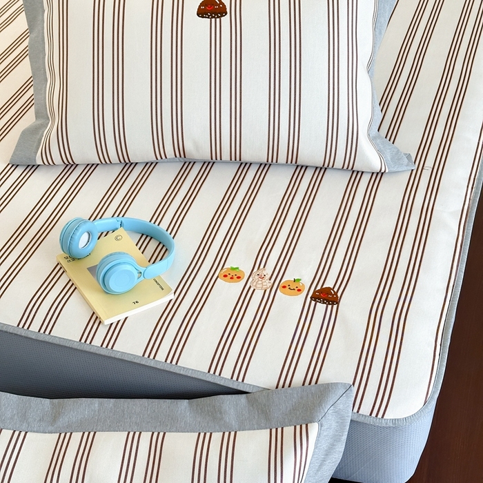 91家纺网 家纺一手货源 找家纺 时年家纺 2024新款条纹刺绣冰丝凉席--床笠款 床笠款-好事花生