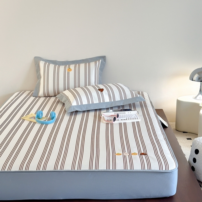 91家纺网 家纺一手货源 找家纺 时年家纺 2024新款条纹刺绣冰丝凉席--床笠款 床笠款-好事花生