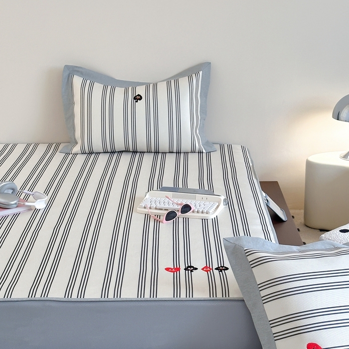 91家纺网 家纺一手货源 找家纺 时年家纺 2024新款条纹刺绣冰丝凉席--床笠款 床笠款-大吉大利