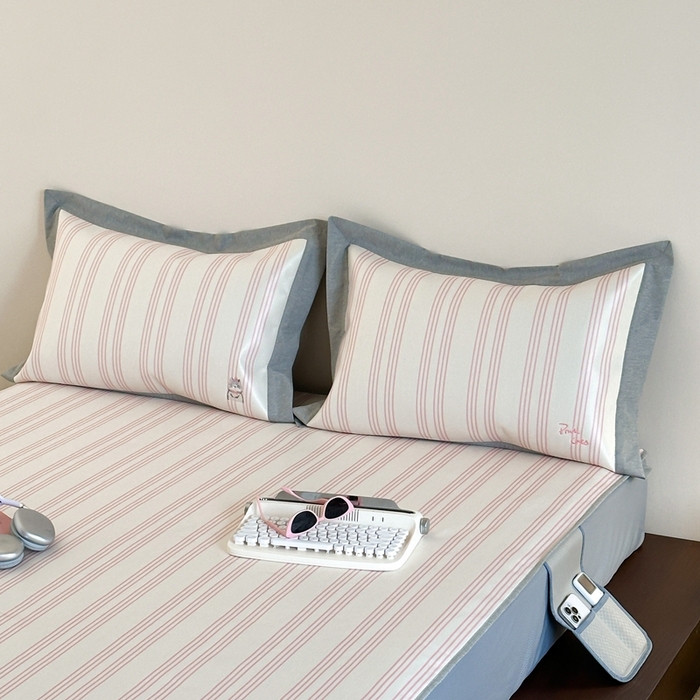 91家纺网 家纺一手货源 找家纺 时年家纺 2024新款条纹刺绣冰丝凉席--床笠款 床笠款-礼物喵