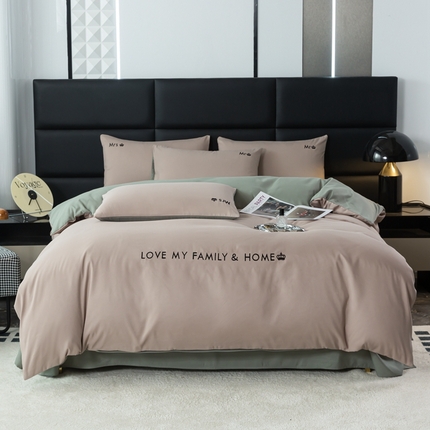 91家纺网 家纺一手货源 找家纺 金牛枕芯 2024新款磨毛刺绣四件套 卡其