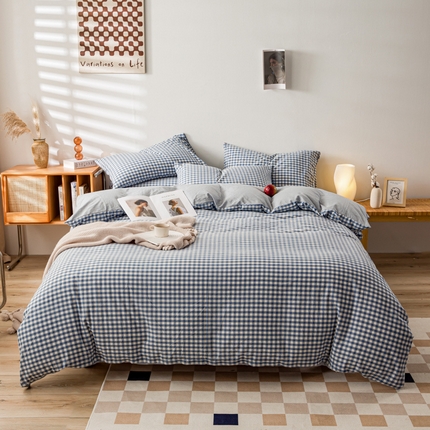 九沐良品 新款A类色织水洗棉四件套 浅蓝小格