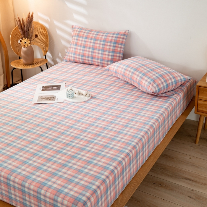 91家纺网 家纺一手货源 找家纺 萌飞 2024新款A类色织水洗棉床笠 星空粉