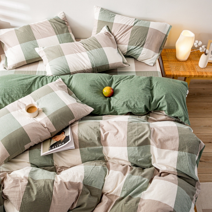 91家纺网 家纺一手货源 找家纺 九沐良品 新款A类色织水洗棉四件套 绿大格