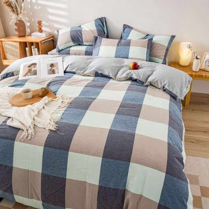 91家纺网 家纺一手货源 找家纺 九沐良品 新款A类色织水洗棉四件套 米棕丈青格