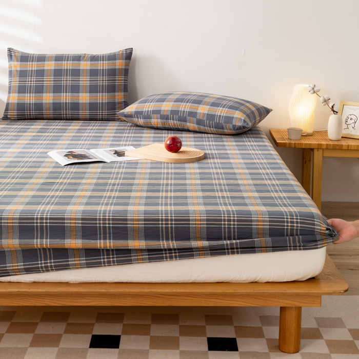 91家纺网 家纺一手货源 找家纺 萌飞 2024新款A类色织水洗棉床笠 灰桔格