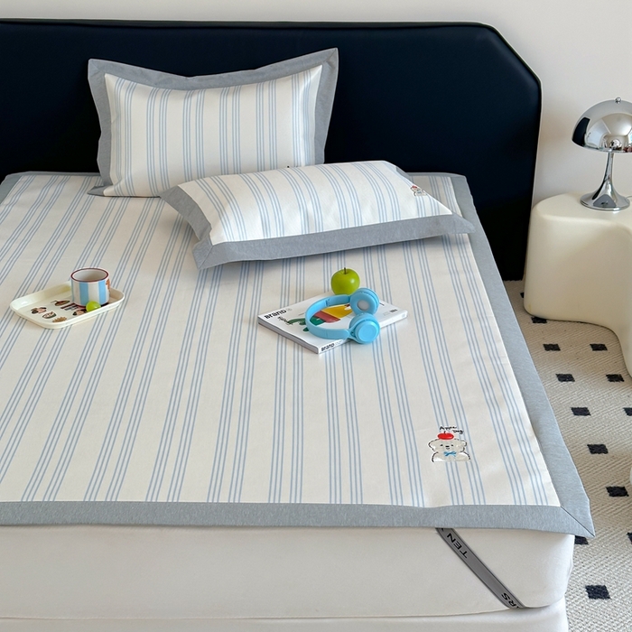 91家纺网 家纺一手货源 找家纺 时年家纺 2024新款条纹刺绣冰丝凉席--床席款 床席款-幸运汪