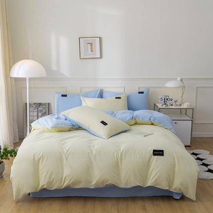 九沐良品 新款纯色双拼四件套 简悠-暖光黄-蓝