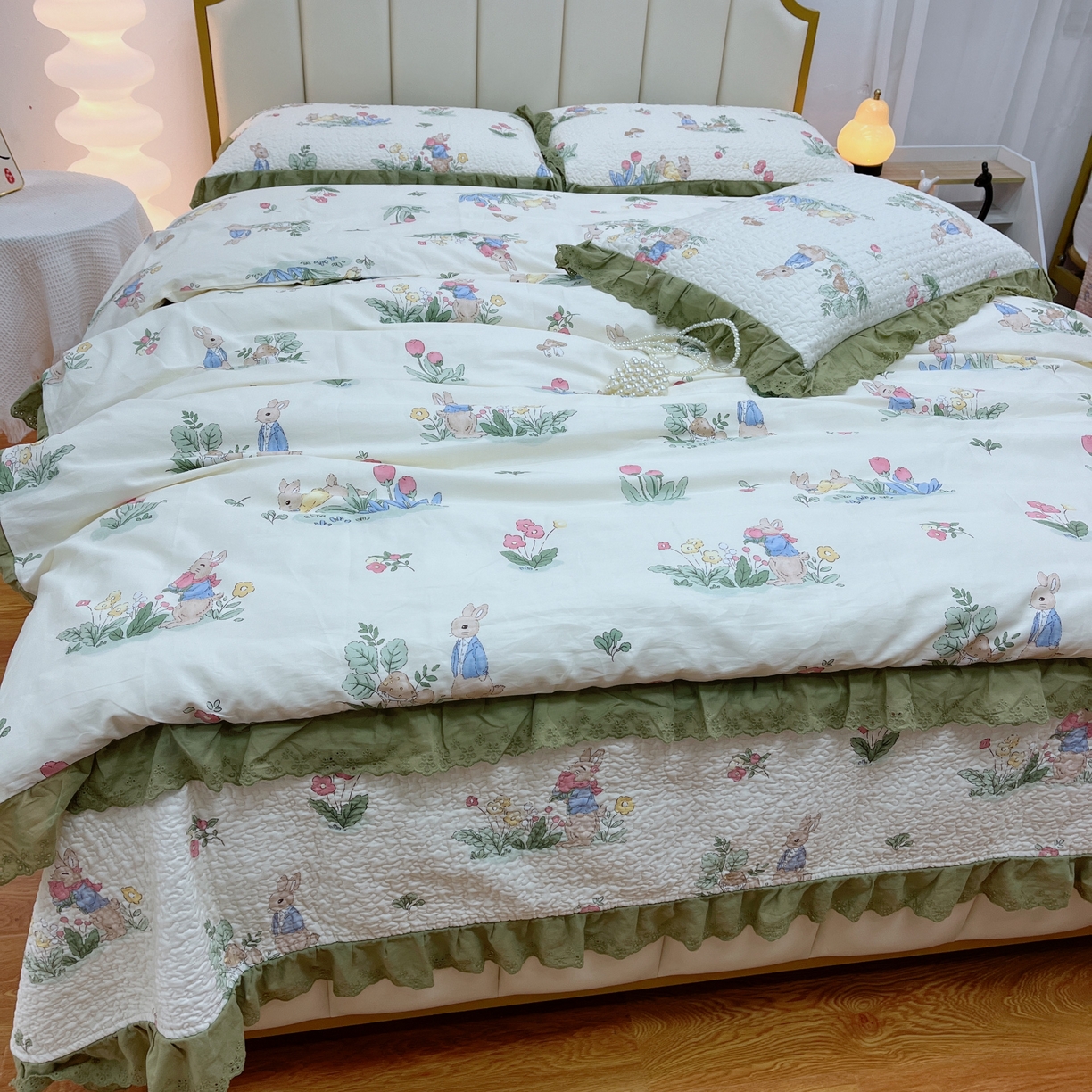 91家纺网 家纺一手货源 找家纺 暖居 2024新款砂洗棉花被套全棉床盖四件套绗缝夹棉纯棉床盖三件套 幸运兔