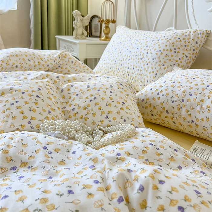 91家纺网 家纺一手货源 找家纺 麒豆豆 2024新款全棉双层纱四件套花间-黄