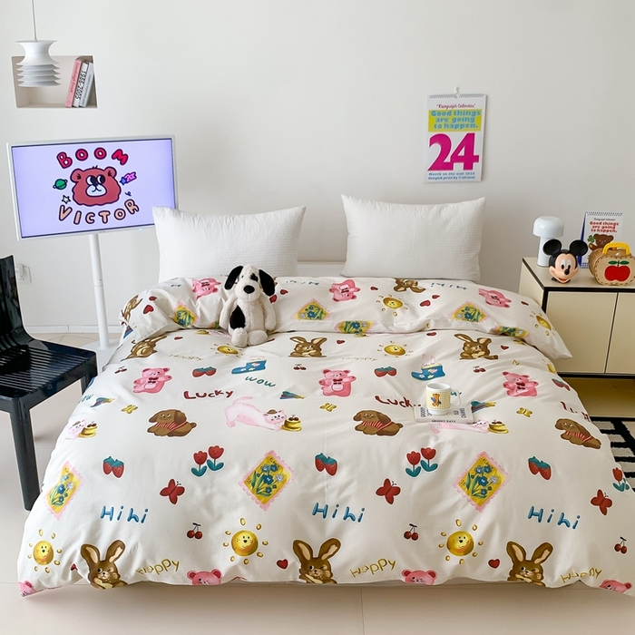 91家纺网 家纺一手货源 找家纺 窝米 2024新款韩国设计师卡通手绘单品被套系列 友趣派对