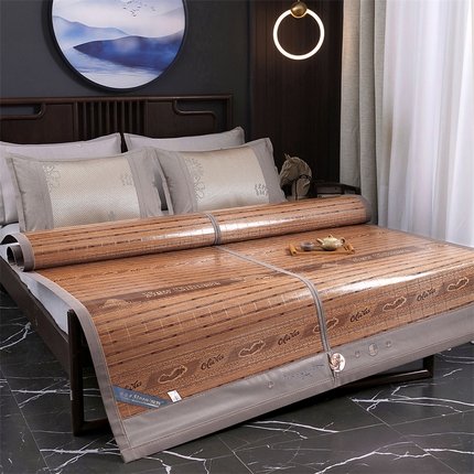 （总）新月 2024新款全青竹可折叠宽边刺绣凉席竹席-中国风云