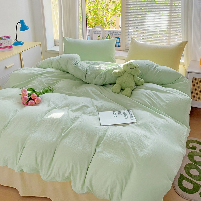 91家纺网 家纺一手货源 找家纺 森璐家纺 2024新款1ins风水洗棉四件套纯色四件套混搭素色四件套（二） 混搭-藻绿黄