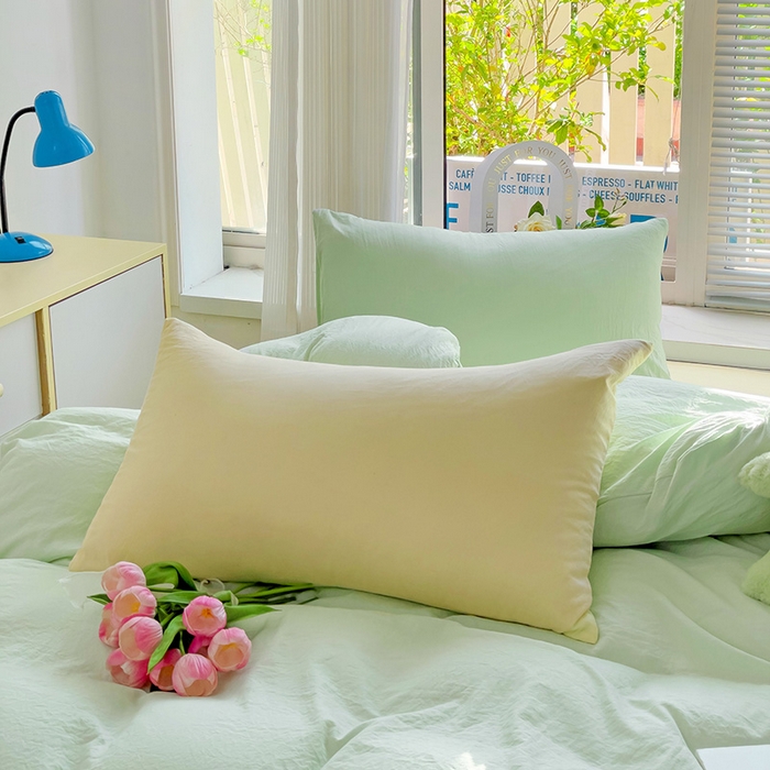 91家纺网 家纺一手货源 找家纺 森璐家纺 2024新款1ins风水洗棉四件套纯色四件套混搭素色四件套（二） 混搭-藻绿黄