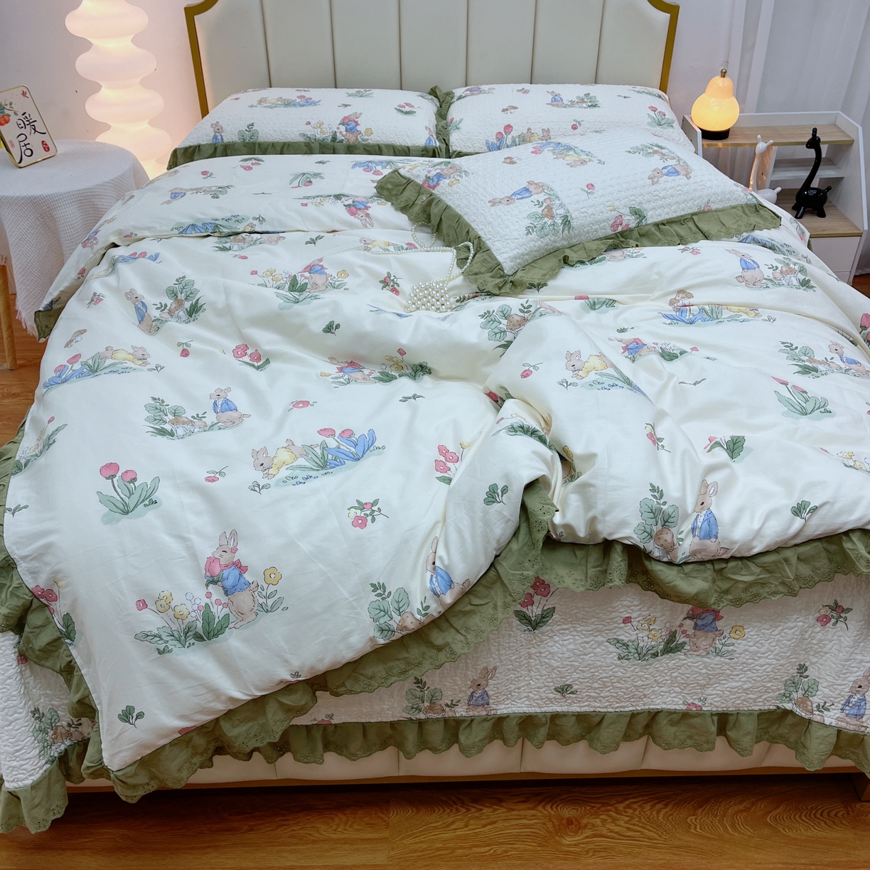 91家纺网 家纺一手货源 找家纺 暖居 2024新款砂洗棉花被套全棉床盖四件套绗缝夹棉纯棉床盖三件套 幸运兔