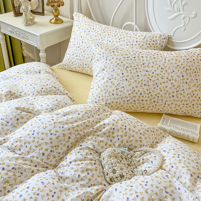 91家纺网 家纺一手货源 找家纺 麒豆豆 2024新款全棉双层纱四件套花间-黄