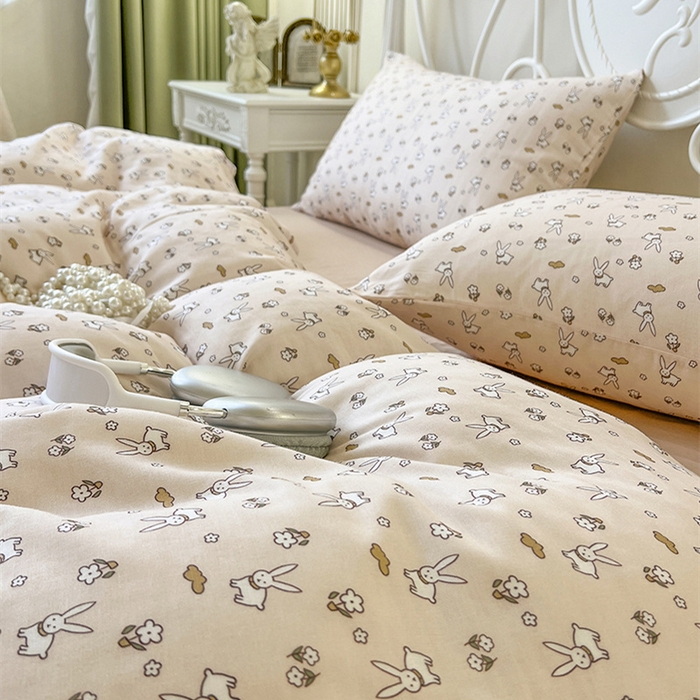 91家纺网 家纺一手货源 找家纺 麒豆豆 2024新款全棉双层纱四件套花朵兔-玉