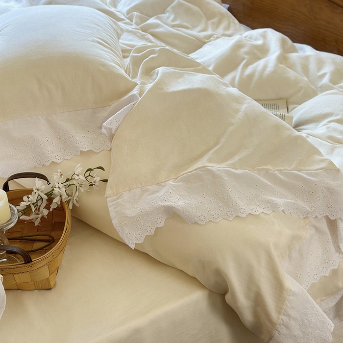 91家纺网 家纺一手货源 找家纺 窝米 2024新款全棉轻氧纱蕾丝花边款四件套系列 轻氧纱-奶茶白