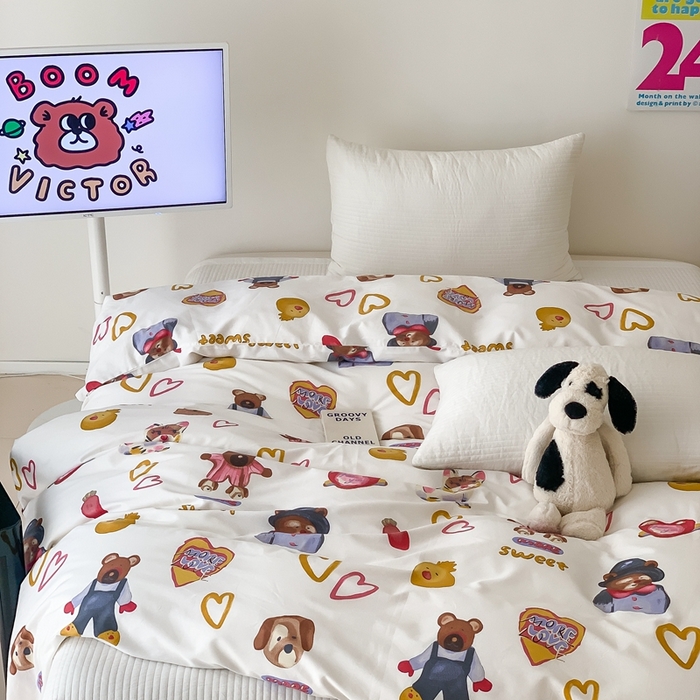 91家纺网 家纺一手货源 找家纺 窝米 2024新款韩国设计师卡通手绘单品被套系列 妙可乐园